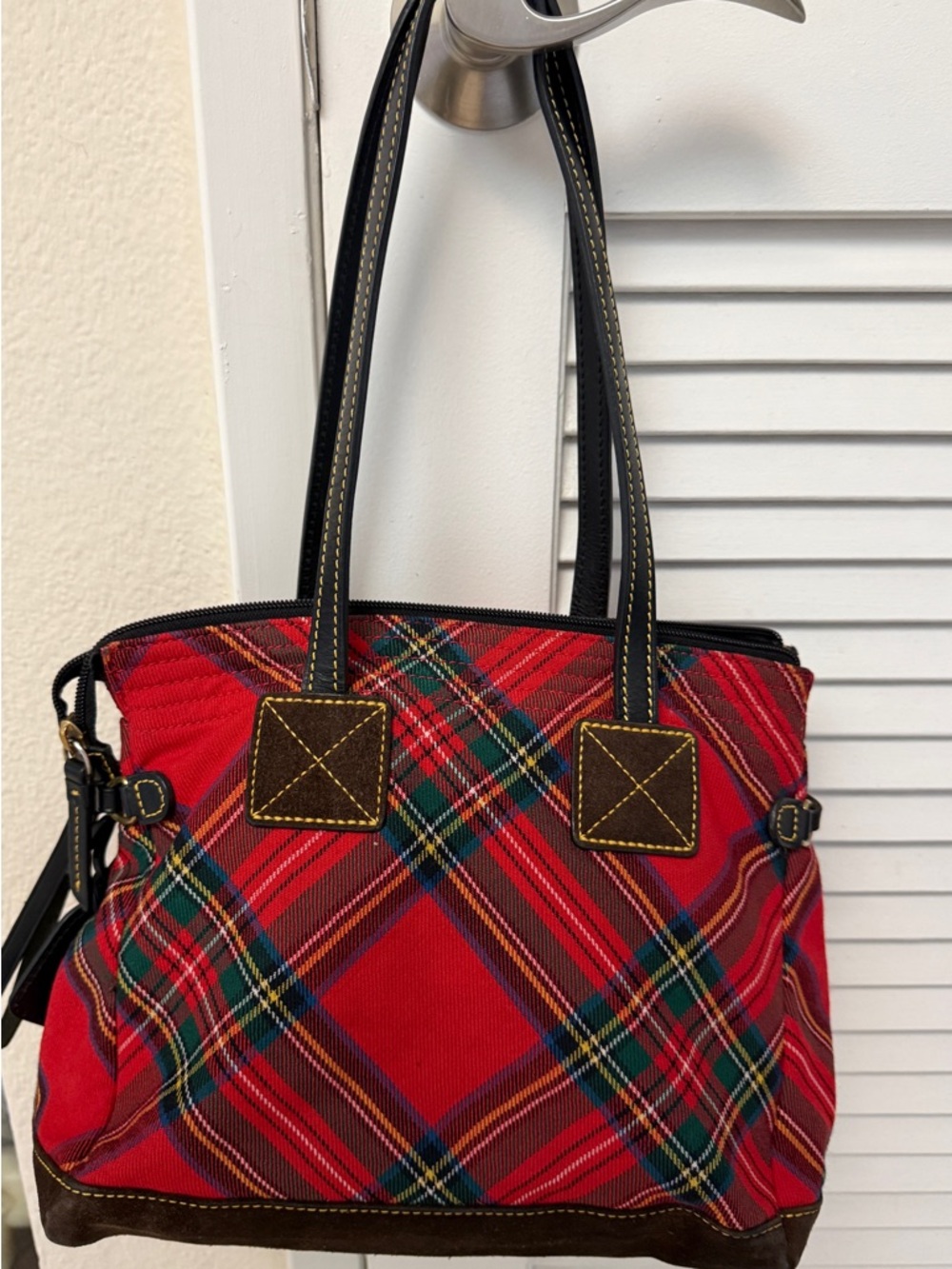 Dooney & Bourke Red Plaid Tartan Tote Shoulder Bag Leather Trim Satchel - Picture 3 of 7